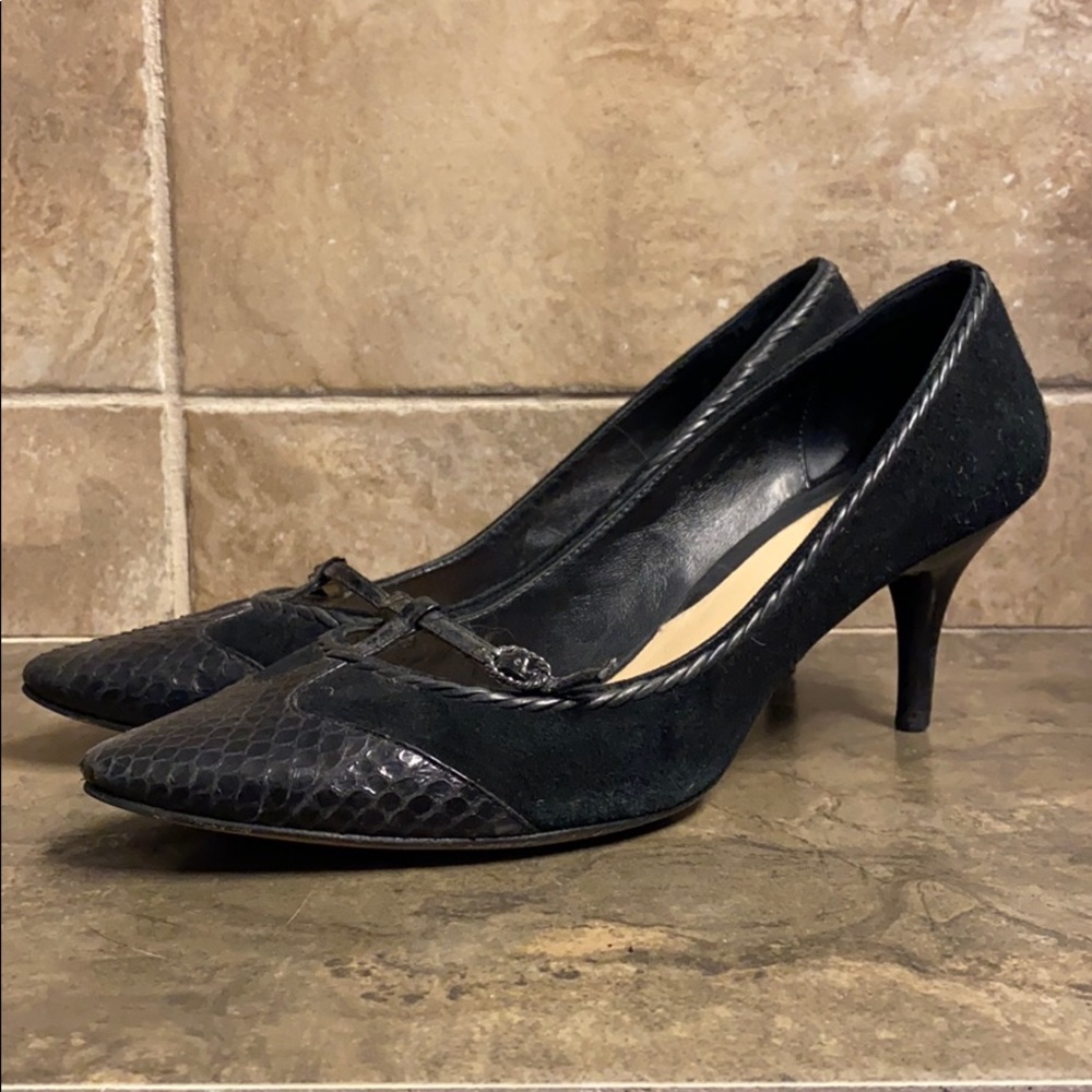 Cole Haan Black Snakeskin & Suede Kitten Heel Pumps 8.5